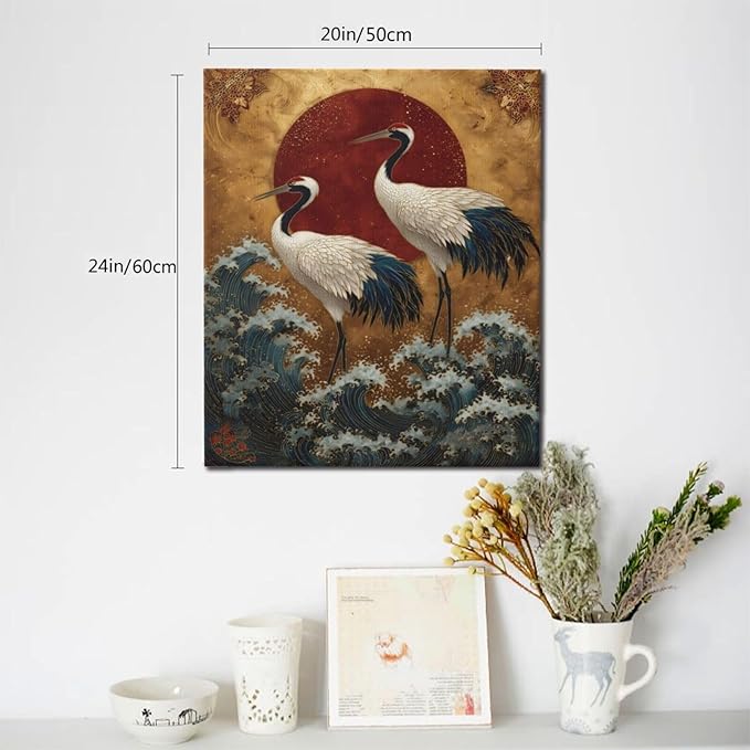 Japanese Crane Wall Art Gold Oriental Asian Wall Decor Sandhill Crane Canvas Pictures Paintings Prints Japan Traditional Aesthetic Artwork Framed Chinese Decorations For Bedroom Living Room Office Gifts 20" x 24"