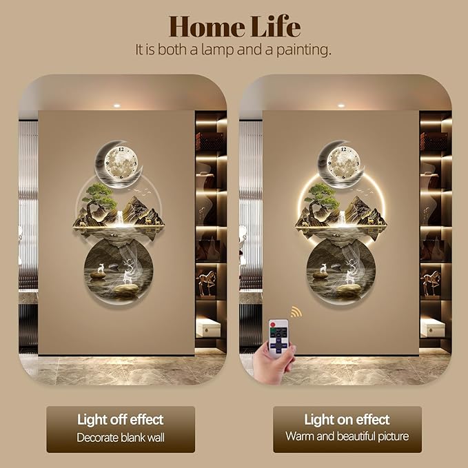 LED Light Art Wall Decor, 3D Art Wall Decor Clock, Decor Wall Sculptures with Lights, Modern Home Decor Landscape Wall Sculpture, Plug-in Power Supply, Gold A, 23x47IN