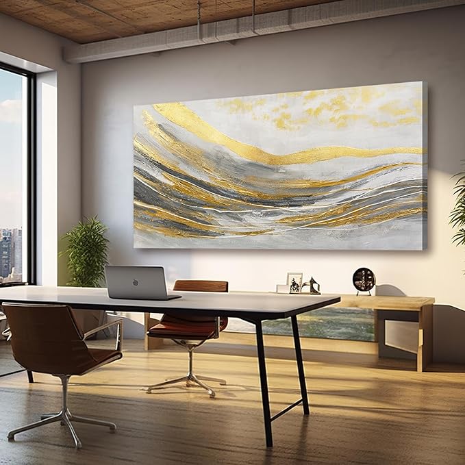 Artexist White Line Wall Paintings Modern Wall Art Gold Foil Photo Prints 29"x58" Large Dining Room Wall Decor Posters for Bedroom