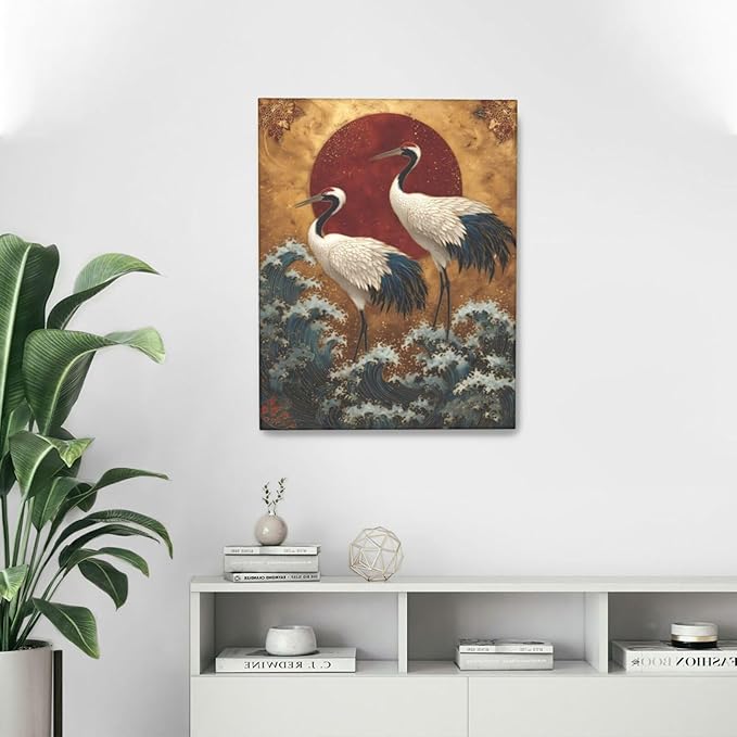 Japanese Crane Wall Art Gold Oriental Asian Wall Decor Sandhill Crane Canvas Pictures Paintings Prints Japan Traditional Aesthetic Artwork Framed Chinese Decorations For Bedroom Living Room Office Gifts 16" x 20"