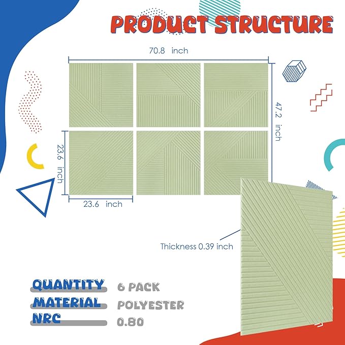 Acoustic Panels 6 Pack, Soundproof Wall Panels 23.6 x 23.6 Inches, Large Decorative Sound Absorbing Panels,Self-Adhesive Acoustic Treatment for Home Studio Office, VerdeLux