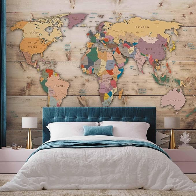 artgeist Premium Wall Mural World Map 138x101 in - XXL Non-Woven Wallpaper Fleece Wall Decor Photo Print Picture Image Design Home Map of The World k-B-0009-a-b