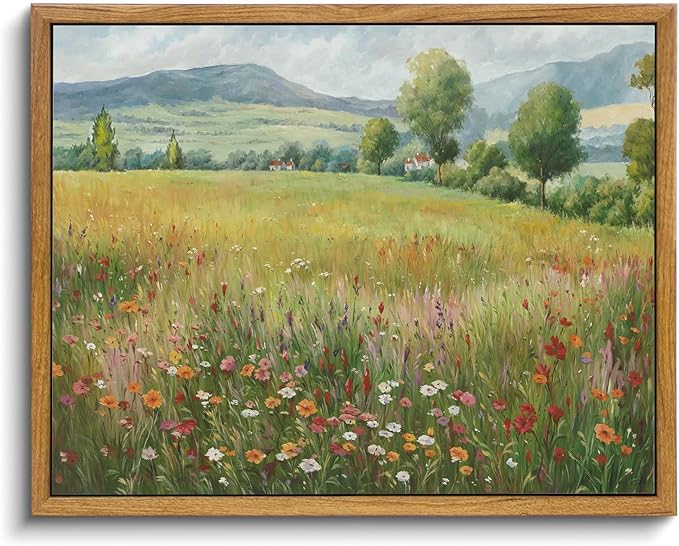 KISSFOX Vintage Landscape Canvas Wall Art Spring Farmhouse Colorful Wildflower Field Framed Wall Art Natural Countryside Cottagecore Paintings Artwork Rustic Art Prints For Bedroom Living Room