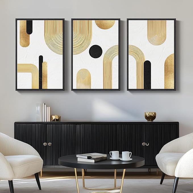 Large Framed Gold Abstract Geometric Wall Art for LIving Room, 3 Piece Modern Canvas Prints Paintings Artwork for Walls, Minimalist Black White Gold Pictures for Hallway Office Wall Decor 24x36 Inch