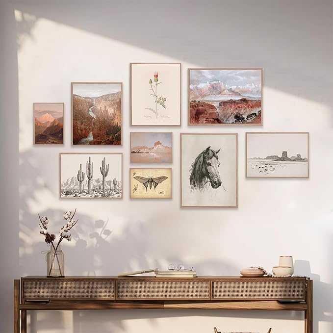 KBKBART Vintage Southwestern Wall Art, 9 PCS Farmhouse Southwest Wall Decor, American Rustic Arizona Wall Art, Boho Ranch Desert Western Poster Pictures, Southwest Art Prints for Western Bedroom,