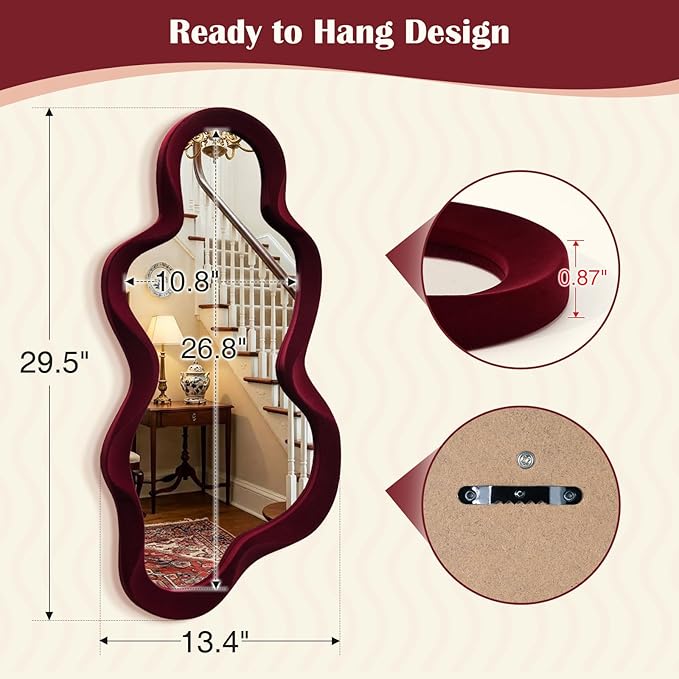 Mirror Wall Decor for Vintage Living Room Bedroom, 13.8x29.7 Asymmetrical Decorative Mirror for Entryway Porch Staircase, Retro Modern Hanging Wall Art Gift for Christmas Wedding (Wine Red)