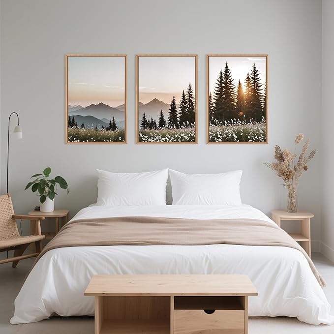 Large Mountain Sunlight Calming Framed Canvas Wall Art Set,Boho Nature Pine Tree Landscape Wall Decor,Modern Sunrise Forest Art Printing for Living Room,Bedroom-16 x24 x3