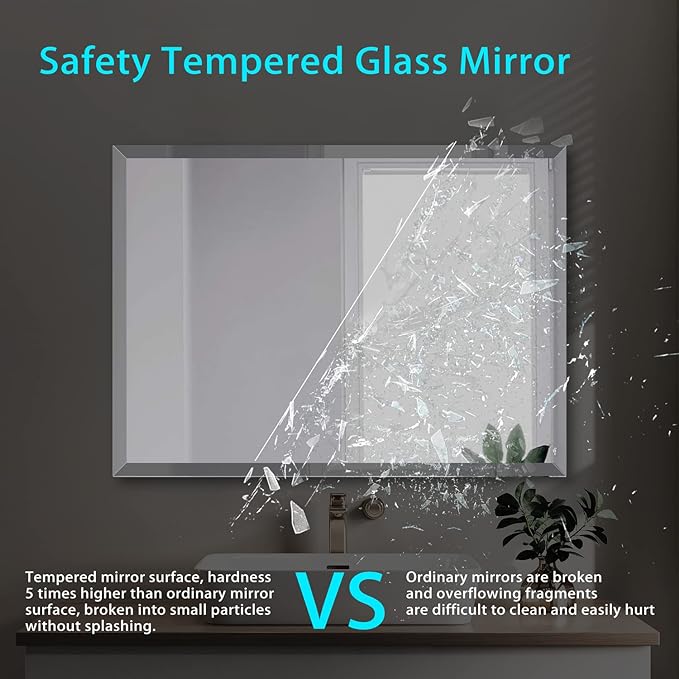Beveled Edge Mirror 20x28 Inch Frameless Rectangle Bathroom Wall Mirror Explosion Proof and Shatterproof Bathroom Vanity Mirror Wall Mounted Hang Firmly (Horizontal or Vertical)