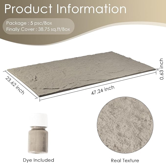 5-Pack 3D Faux Stone Wall Panels, PU Cement-Texture Wainscoting Panels for Interior Walls – Waterproof & Lightweight, Covers 38.7 Sq.Ft, 47.2" x 23.6", for TV Wall, Living Room,Cement Gray