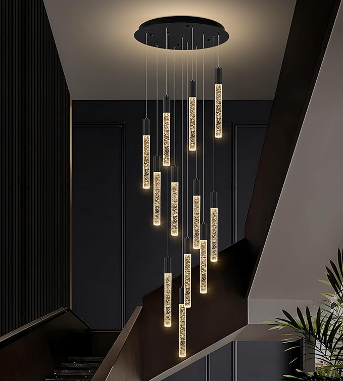 12-Lights High Ceiling Crystal Chandelier, Modern Large LED Raindrop Pendant Light Fixture 98.5" H Flush Mount Chandelier Black for Foyer Staircase Villa Living Room