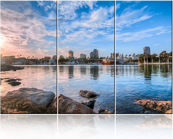 Large Canvas Print Wall Art – Long Beach Harbor Skyline – 40 x 20 Inch Canvas Picture Stretched On Wooden Frame – California Port City Cityscape Giclee Canvas Printing – Hanging Wall Deco Picture