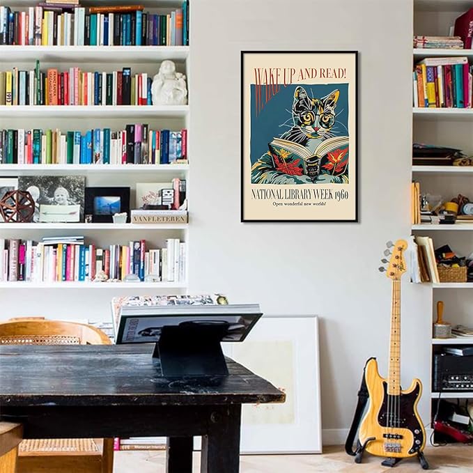 Cat and Book Poster, Wake Up and Read Inspiring Wall Art Canvas, Retro 1960 National Library Week Wall Art, Reading Art for Book Lover, Classic Gallery Wall Decor 24x36in Framed