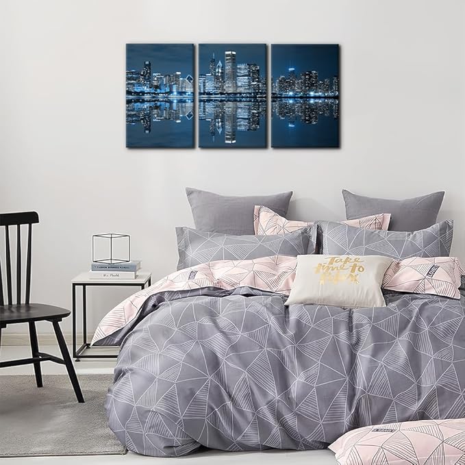 Pacimo Chicago Cityscape Modern Canvas Wall Art Prints Artwork Skyscrapers at Night View Paintings City Skyline Pictures Painting for Home Decorations Decor Framed Ready to Hang - 16"x24"x3 Panels