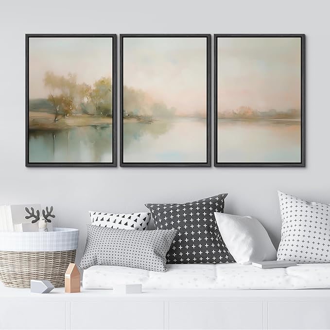 MUDECOR Framed Wall Art Print Set Soft Pastel Landscape Serene Waters and Reflections Illustrations Modern Art Boho Decorative Colorful Chic for Living Room, Bedroom, Office - 24"x36"x3 Black