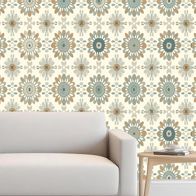 Nuxovilar Beige Floral Medallion Textured Peel and Stick Wallpaper, 15.75"x39.37", Self-Adhesive Contact Paper, Vintage Tile-Inspired Pattern for Bedroom, Living Room and Table Decor