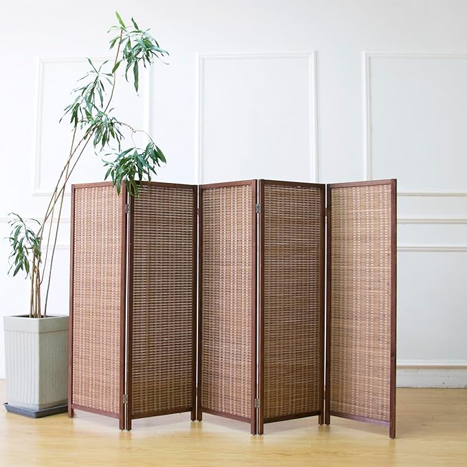 5 Panel Room Divider Short Folding Screen Divider,Double Sided Bamboo Panel Divider for Room Separation,Brown,47.2" H x 76.75" W