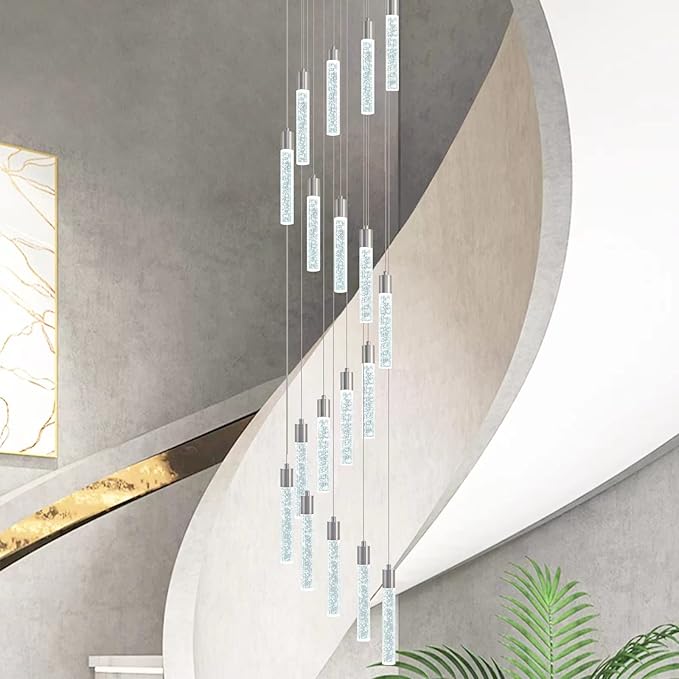 Brushed Nickel 18 Lights Large Foyer Chandeliers for High Ceilings 70 feet Long Spiral Stair Pendant Chandelier Crystal Ceiling Light Fixtures Dimmable 3000k-4000k-6000k