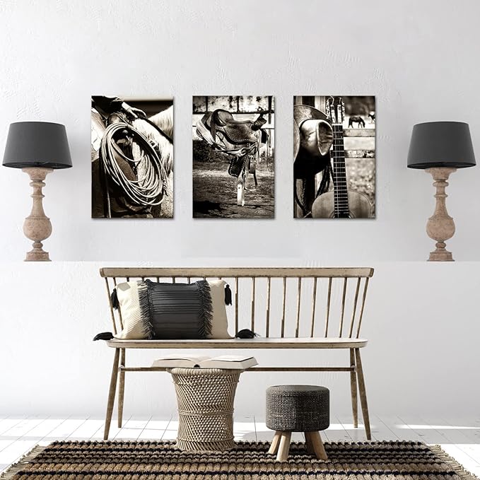 3 Pieces Retro Canvas Prints American West Rodeo Cowboy Wall Art Painting Brown Straw Hat on Leather Rancher Roper Boots and Guitar Picture on Canvas Artwork for Home Office 16x24inchx3pcs