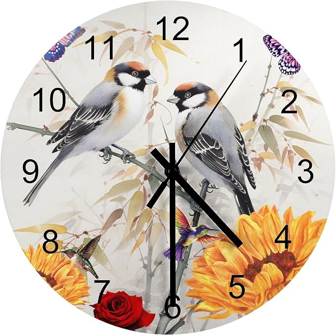 Bird Bamboo Forest Oriental Art Circular Wall Clock, Black Bamboo Forest Butterfly Love Bird Art Decoration, Colorful Butterfly Art Home Wooden Silent Wall Clock 12x12INCH