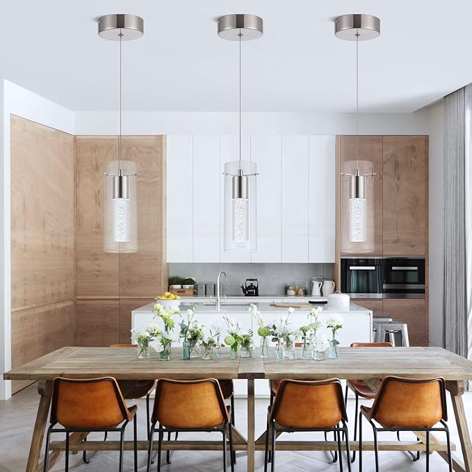 3 Pack Pendant Lights Kitchen Island, 6000K Kitchen Island Dining Room Light Pendant Lighting Fixtures Bubble Crystal Chandelier Over Island Table Modern Hanging Light for Bar Dining Room