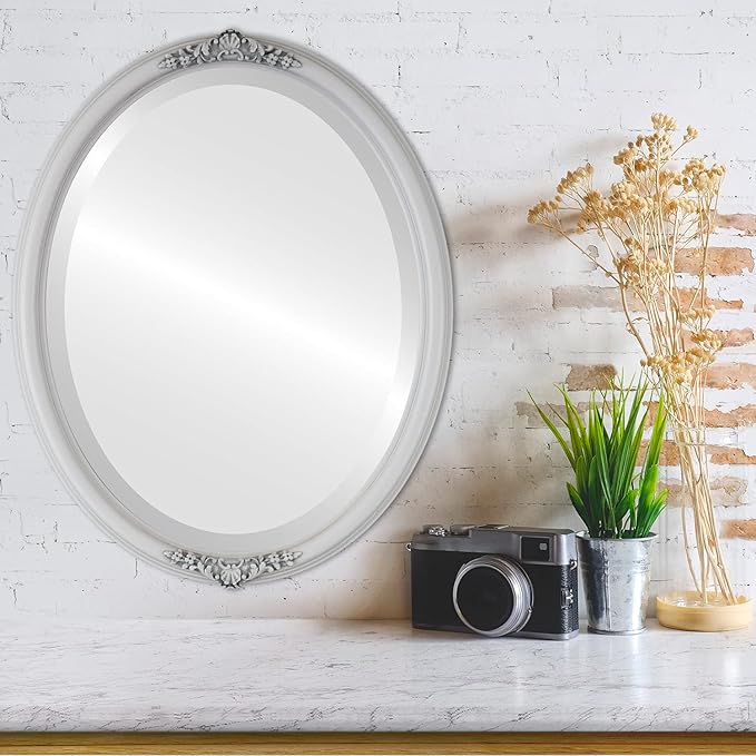 OVALCREST Oval Beveled Wall Mirror for Home Decor - Contessa Style - Linen White - 26" x 20"