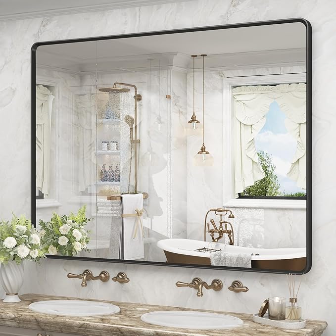 OKPAL 48X40 Inch Matte Black Bathroom Mirror, Black Framed Bathroom Vanity Mirror, Black Rectangle Mirror, Round Corner, Rustproof, Shatter-Proof (Horizontal/Vertical)