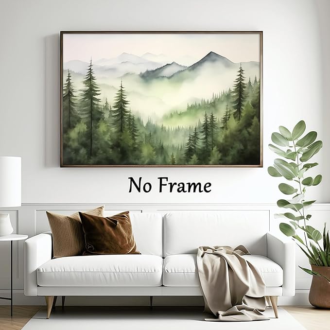 Large Forest Mountain Landscape Wall Art Canvas Print Green Forest Pictures Watercolor Pine Tree Painting Green Mountain National Forest Poster Watercolor Landscape Artwork Decor 16x24inch No Frame