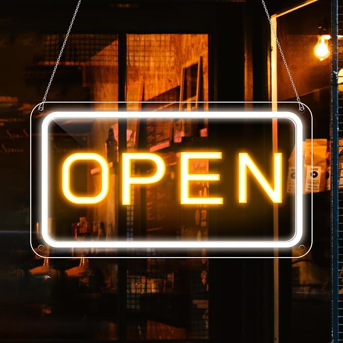 16"x 9" Ultra Bright 12V Neon Open Sign for Business, LED Open Neon Sign, Electric Light up Signs for Stores, Restaurants Offices Retail Shops Window (Yellow-White-Horizontal)