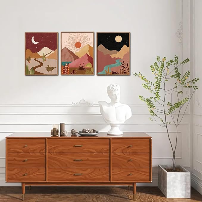 LHIUEM Modern Boho Framed Canvas Wall Art Set of 3(12”X16”) Moon and Sun Modern Desert Art Painting Nature Southwest Landscapes Artwork Rustic Mountain Wall Decor Framed Desert Art for Home Office