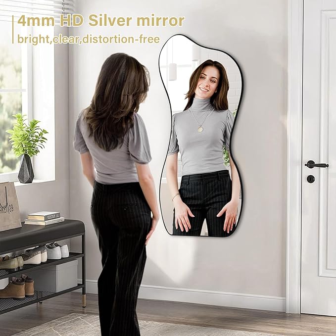 Large Irregular Wall Mirror 47.2"x22", Unique Shaped Black Asymmetrical Mirror, Modern Oblong Wavy Mirror, Cloud Mirror for Living Room,Bathroom,Entryway,Dining Room