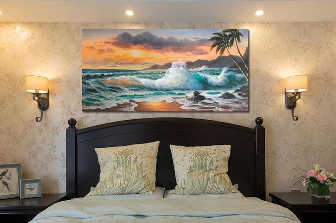 Ardemy Coastal Seascape Canvas Wall Art Living Room Beach Bedroom Paintings Seawave Tropical Pictures Wall Decor Blue Ocean Large Panoramic Landscape Artwork Home Office, 48"x24"
