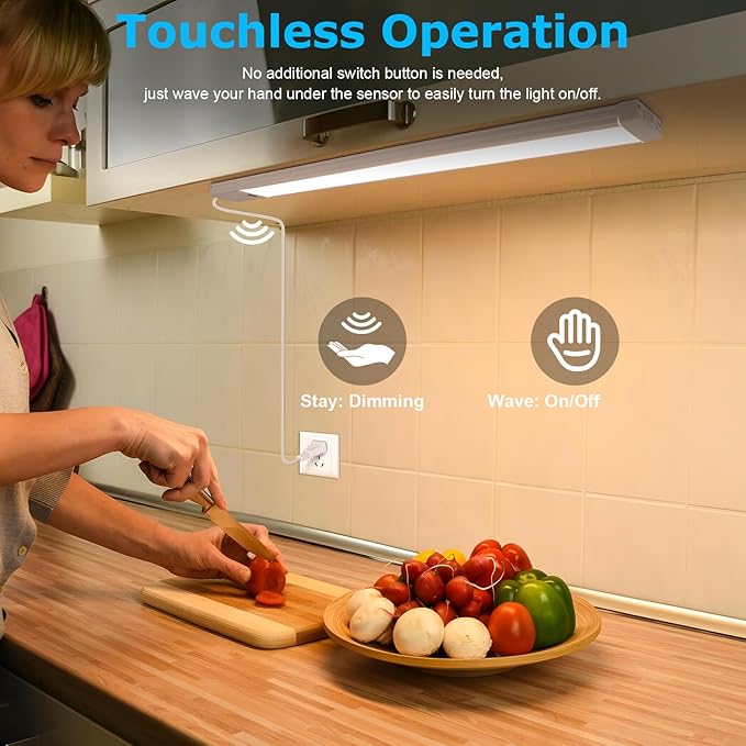 16 Inch Under Cabinet Lights with Hand Wave, Ultra Bright 3000K/4000K/6000K Under Counter Lights, Plug and Play, Dimmable LED Under Cabinet Lighting for Kitchen Cabinet, Cupboard, Closet, Desk(1 Pack)