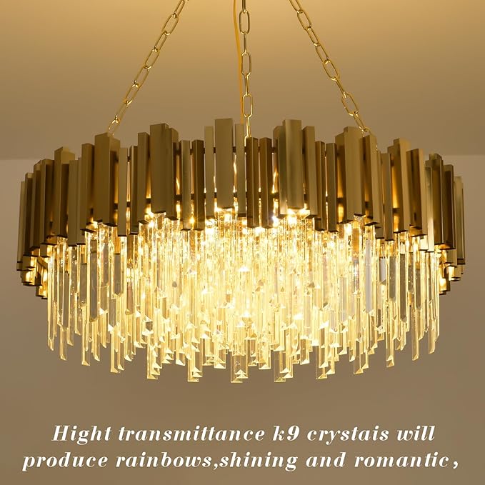 Modern Gold Crystal Chandelier Hanging Ceiling Light Fixture 12 Lights Round Crystal Chandeliers for Dining Room Pendant Light Fixture Crystal Chandeliers Living Room Bedroom Entryway W29in