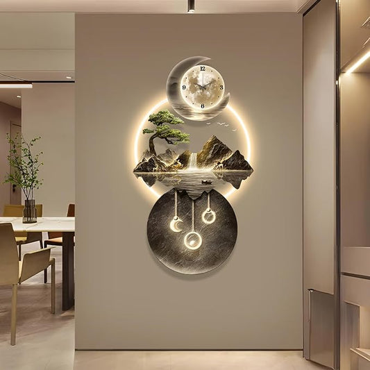 LED Light Art Wall Decor, 3D Art Wall Decor Clock, Decor Wall Sculptures with Lights, Modern Home Decor Landscape Wall Sculpture, Plug-in Power Supply, Gold D, 23x47IN