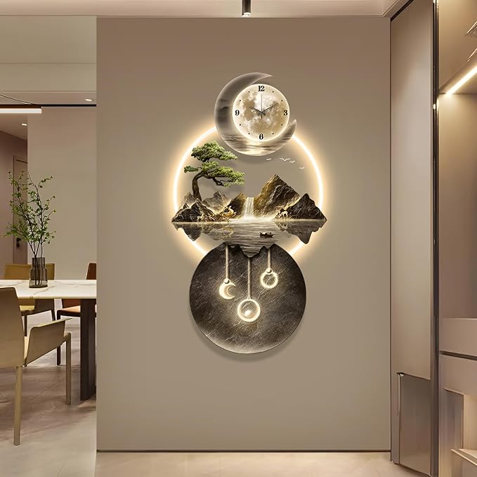 LED Light Art Wall Decor, 3D Art Wall Decor Clock, Decor Wall Sculptures with Lights, Modern Home Decor Landscape Wall Sculpture, Plug-in Power Supply, Gold D, 23x47IN