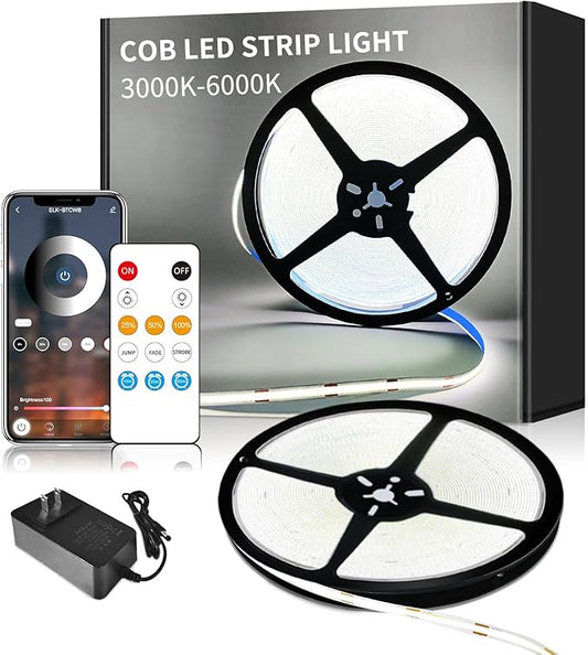 COB LED Strip Lights 32.8ft,6000K DC 24V Dimmable White Flexible LED Rope Lights for Bedroom,with Remote and app Control LED Lights Strip for Living Room, Shelf, Cabinet