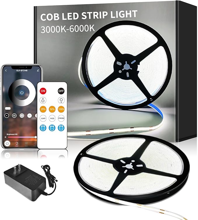32.8ft COB LED Strip Lights DC 24V Dimmable 6000K White Flexible LED Tape Light for Bedroom, with Remote and app Control LED Tape Lights CRI90+,for DIY Home Decoration（White