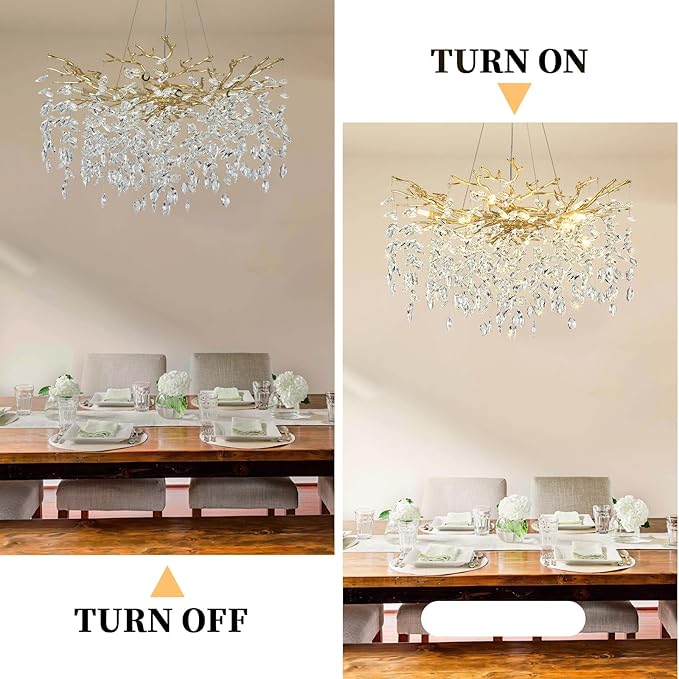 Modern Crystal Chandelier Gold Tree Branch Chandelier 23.6" Luxury Gold K9 Crystal Chandeliers 6-Light Ceiling Hanging Chandeliers for Dining Room Kitchen Island Foyer