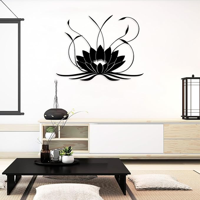 Lotus Flower Metal Wall Art, Boho Spiritual Wall Decor for Living Room (Black, 52"x39" | 133x100cm)