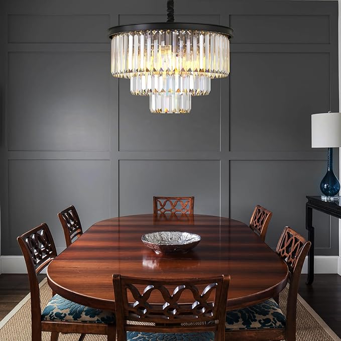 Modern Black Crystal Chandelier,3-Tier Round Pendant Ceiling Fixture with Height Adjustable Luxury Hanging Chandelier for Dining Room,Living Room,Entryway,Bedroom,Kitchen,and Foyer (Black Crystal-3)