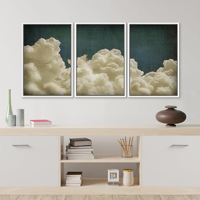 MUDECOR Framed Wall Art Print Set Vintage Cloudscape Dreamy Cotton Clouds Illustrations Modern Art Decorative Colorful Chic for Living Room, Bedroom, Office - 24"x36"x3 White