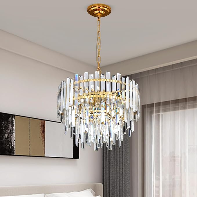 17.6" Modern Crystal Chandelier, 3-Tier Gold Pendant Light with 6 Lights, Luxury K9 Crystal Ceiling Fixture for Dining Room Living Room Foyer