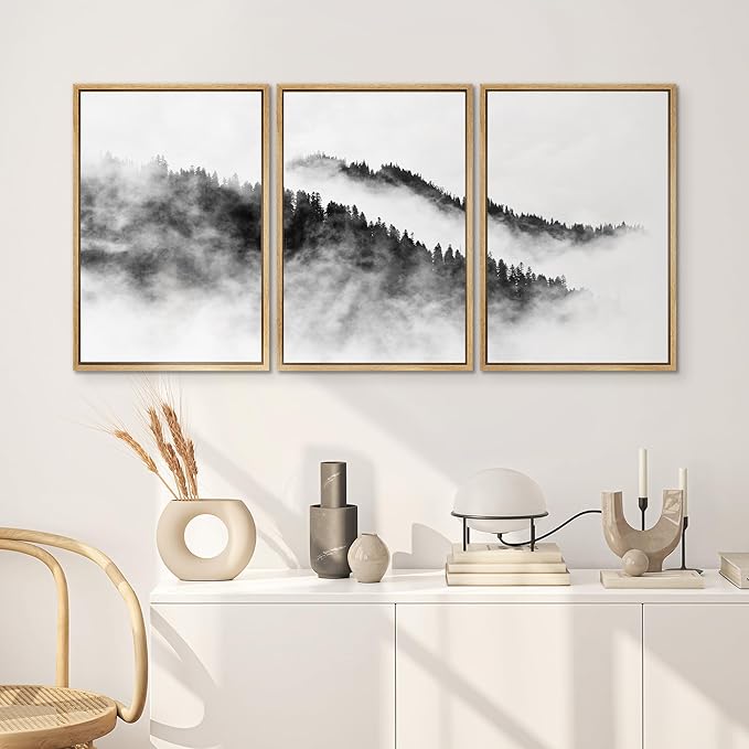 SIGNWIN Framed Canvas Print Wall Art Set Black & White Mountain Forest Valley Nature Wilderness Photography Modern Art Rustic Landscape Relax/Calm for Living Room, Bedroom, Office - 16"x24"x3 Natural
