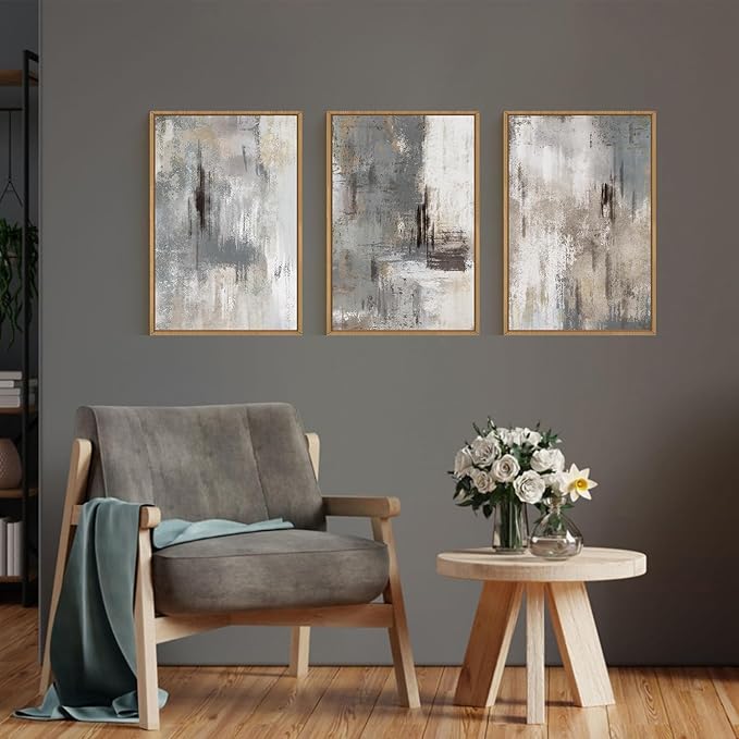 Large Abstract Grey and Beige Framed Canvas Wall Art,Neutral Brush Stroke Wall Decor,Natural Modern Color Block Artwork,Minimalist Nordic Art Print for Living Room,Bedroom,Office- 24"x36"x3