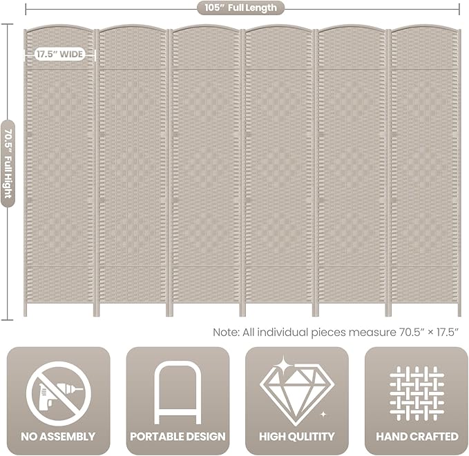 6 Panel Room Divider,6Ft Folding Privacy Screen,Tall - Extra Wide Foldable Panel Partition Wall Divider with Diamond Double-Weaved Hand-Woven Design Room Screen Divider