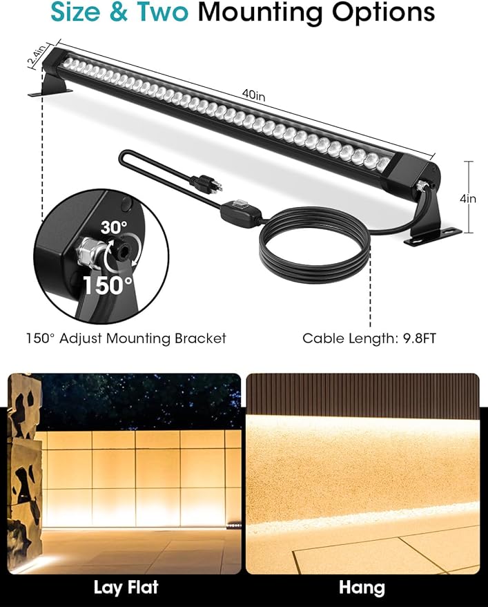 Pro-Grade 54W LED Wall Washer Light Bar 2700K Warm White 6480LM, 40 Inch IP67 Waterproof Outdoor Wall Washer Lights with ON/Off Switch for Landscape & Building (2 Pack)