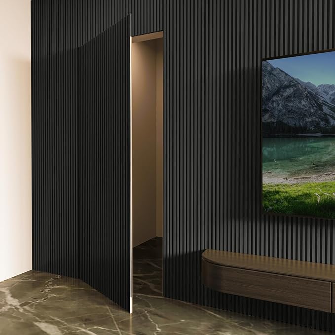 Art3d Slat Wood Wall Paneling for Interior and Ceiling Decoration - Pack of 4pcs + 1pc End-Trim, Size 108 x 5.7in.- Black