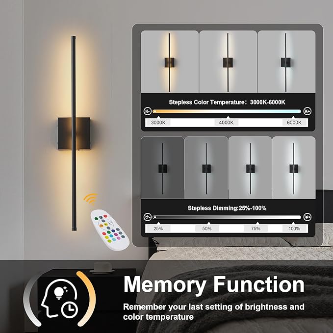 Battery Operated Wireless Wall Sconces Set of Two, with Remote, Dimmable, Warm White/Natural White/Daylight/RGB, 350°Rotate, LED Black Wireless Wall Light for Living Room, Bedroom, 24.4 Inch