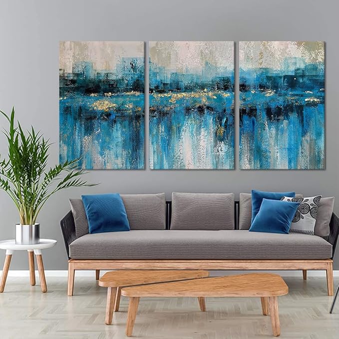 MAMAGO Large Abstract Gold Foil Lake View Canvas Print Poster Modern City painting Living Room Bedroom Artwork Framed Easy to Hang-24”W x 36”Hx3pcs