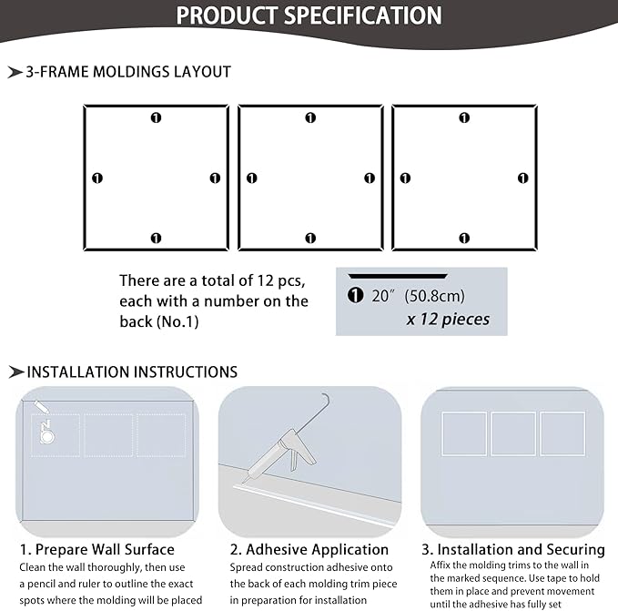 3-Frame 20" x 20" Premade Accent Wall Molding Kit, Ready-to-Assemble Wainscoting Panels, Pre-Cut Chair Rail Moulding Trim Picture Frame for Home Décor